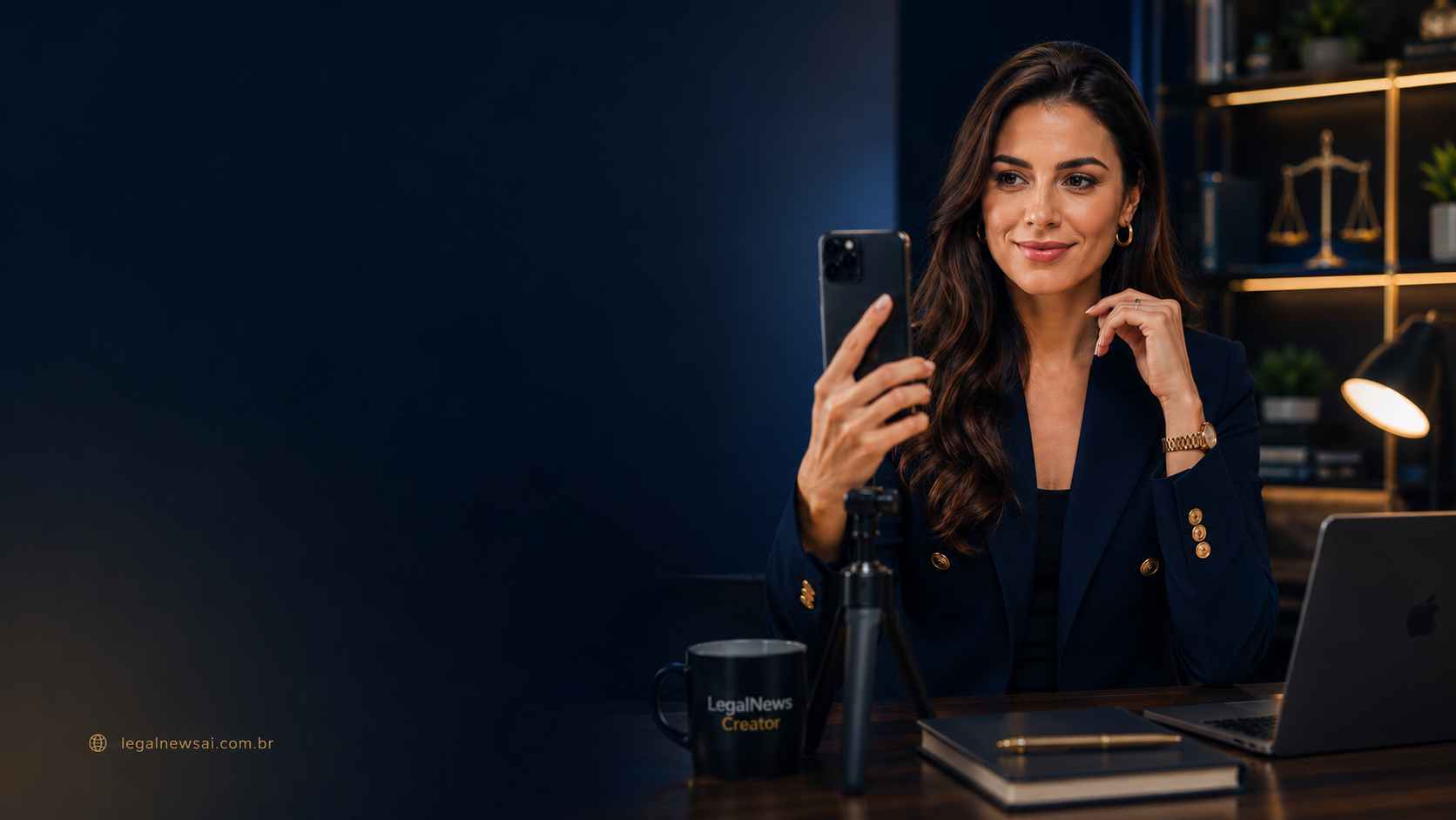 Advogada gravando vídeo com celular em escritório jurídico
